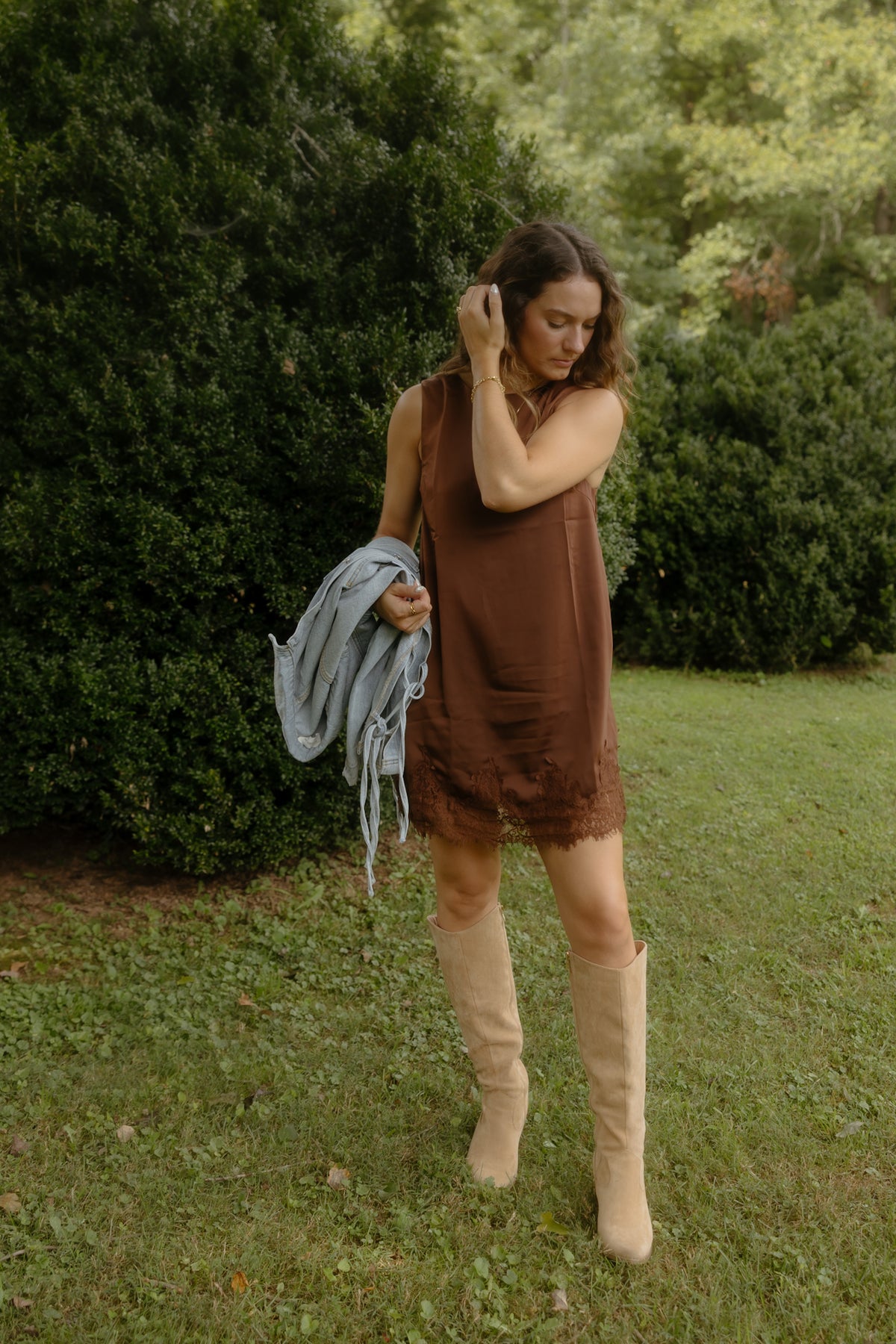 Saints & Satin Brown Lace Trim Dress