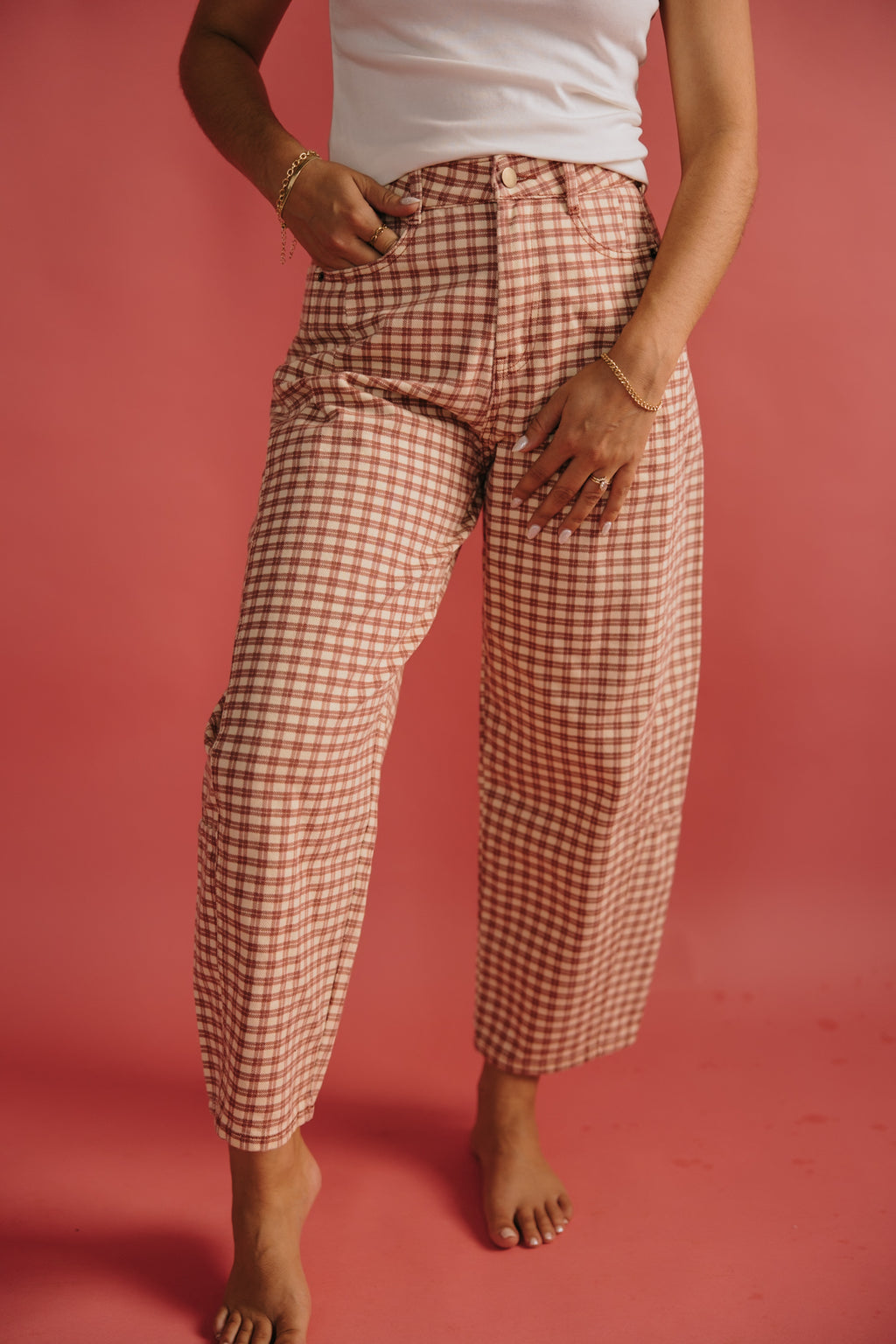 Burnt Gingham Barrel Jeans