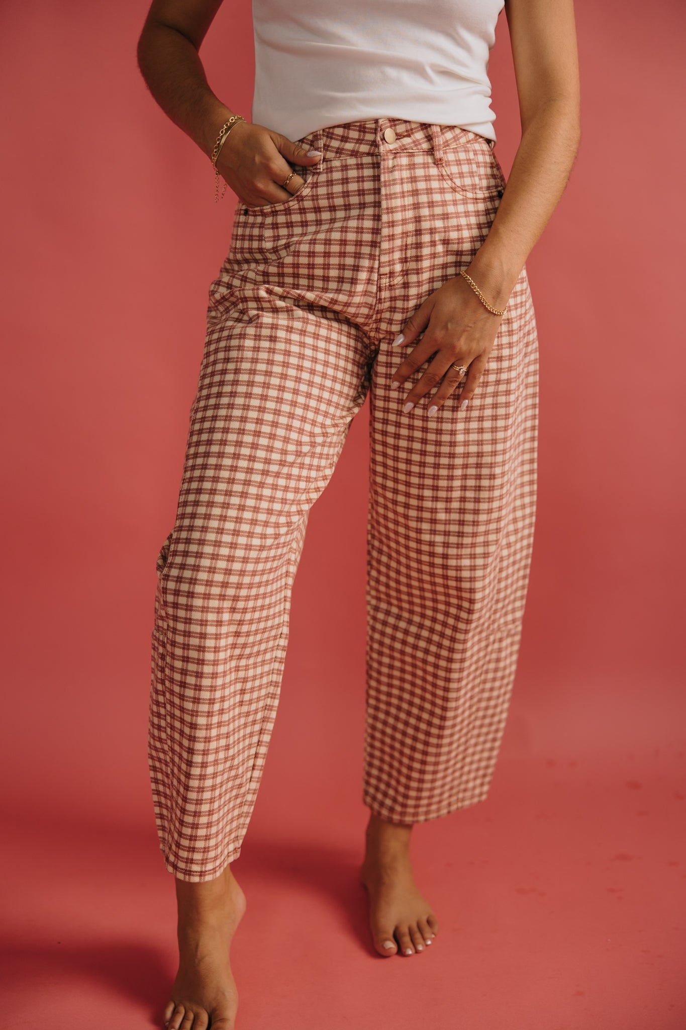 Burnt Gingham Barrel Jeans
